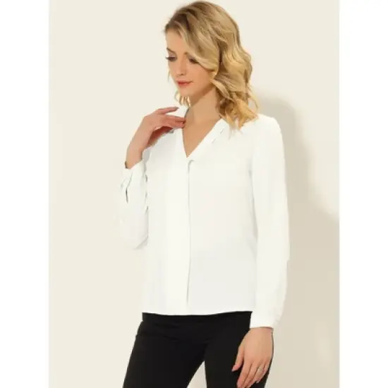 Allegra K Women's Elegant Triple Pleat Long Sleeve V-Neck Chiffon Office Blouse Top image {1}