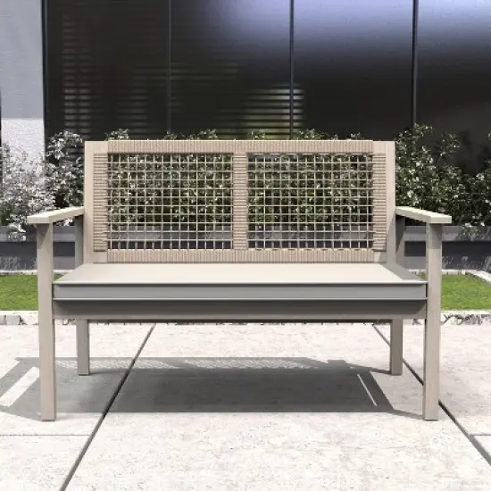 Moda Furnishings Acacia Wood Patio Outdoor Loveseat Sofa With Beige Cushions image {1}