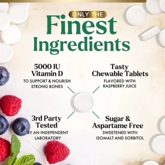 Vitamin D3 5000 IU (125 mcg) - Chewable Vitamin D Supplements for Bone, Teeth, Muscle & Immune Support, Sugar Free, Non-GMO - 60 Tablets image {2}