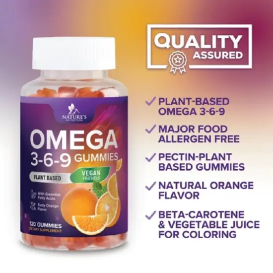 Omega 3 6 9 Vegan Gummies - Triple Strength Omega 3 Supplement Gummy - 369 Heart Support & Brain Support - 120 Gummies By Nature's Nutrition image {6}