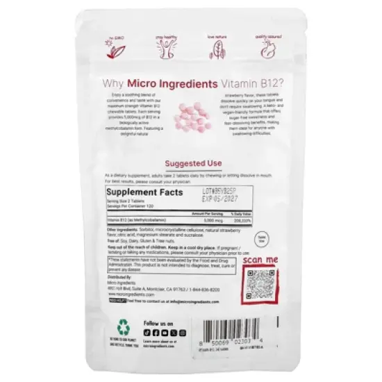 Micro Ingredients Vitamin B12, Strawberry, 240 Chewable Tablets (2,500 mcg per Tablet) image {1}