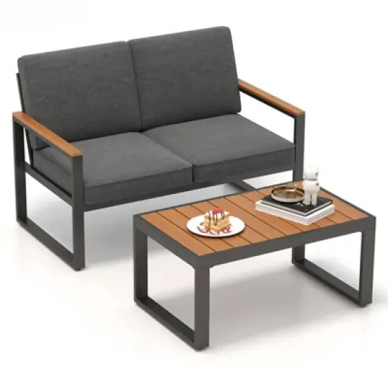 Tangkula 2 PCS Patio Aluminum Furniture Set Cushioned Sectional Sofa w/ Coffee Table image {5}