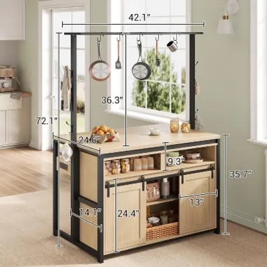 Acekool 42'' Kitchen Island Table with Power Outlets, Sliding Barn Door, Storage Shelves, Hooks, Large Dining Prep Counter, Wood color image {2}