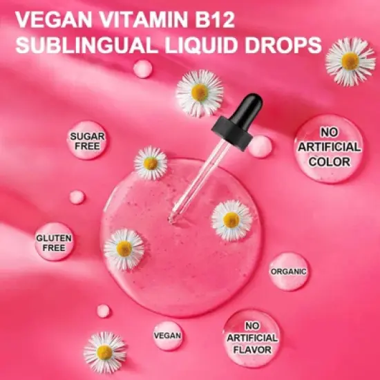 B Beworth Vitamin B12 Liquid Drops 10,000 mcg, Supports Immunity, Energy & Brain, Vegan, Gluten Free, Non-GMO, 2 fl.oz (Raspberry) image {4}