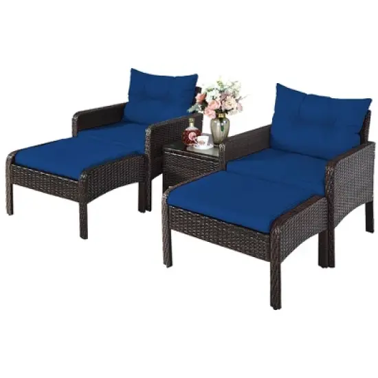 Costway 5 PCS Patio Rattan Wicker Furniture Set Sofa Ottoman Coffee Table Cushioned image {9}