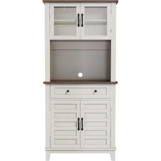72" Tall Farmhouse Pantry Cabinet with Doors and Drawer, Adjustable Shelves Storage Hutch, Freestanding Kitchen Coffee Bar, White+Brown image {6}