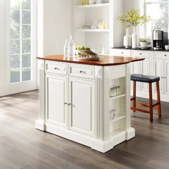 Coventry Drop Leaf Top Kitchen Island with Upholstered Saddle Stools White - Crosley image {2}