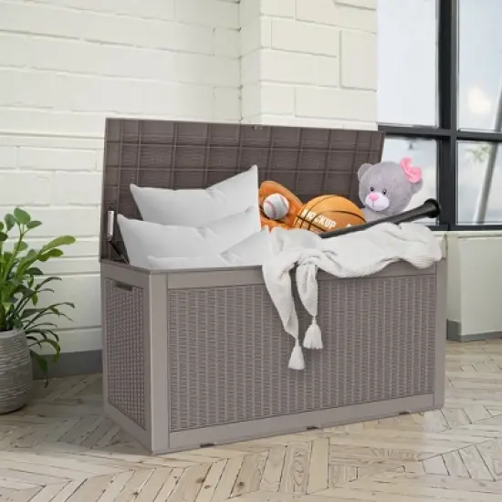 MAYEERTY 100 Gallon Large Capacity Outdoor Deck Box for Patio Furniture Cushions, Pillow with Wheels, Light Brown image {1}