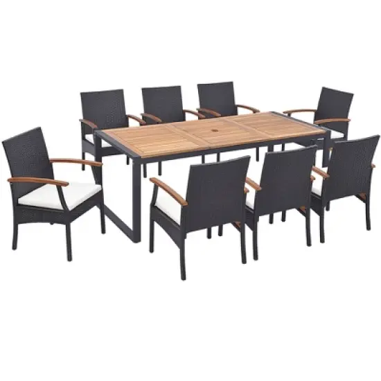 Costway 9 Pieces  Patio Rattan Dining Set with Acacia Wood Table, 1.9" Umbrella Hole image {1}