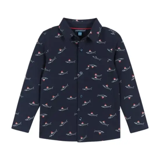 Andy & Evan  Toddler  Boys Navy Holiday Sharks Knit Pique Buttondown image {3}