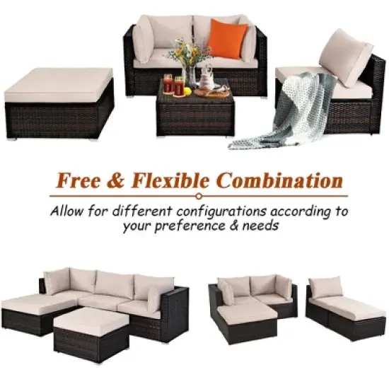 Costway 5PCS Patio Rattan Furniture Set Ottoman Table image {8}