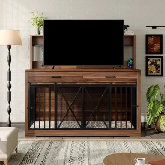 55" Wooden Dog Crate Furniture for 2 Dogs,Indoor Dog Kennel with Divider,Drawers and Barn Doors,Dog Crate TV Stand-Maison Boucle image {1}