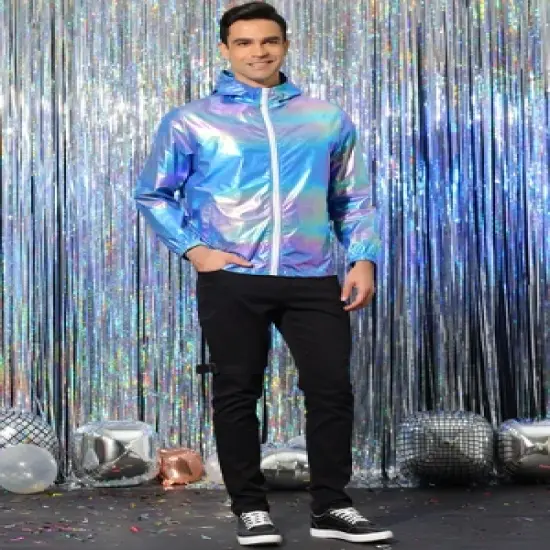 Lars Amadeus Men's Metallic Jacket Lightweight Zip Up Holographic Shiny Hooded Jackets image {3}