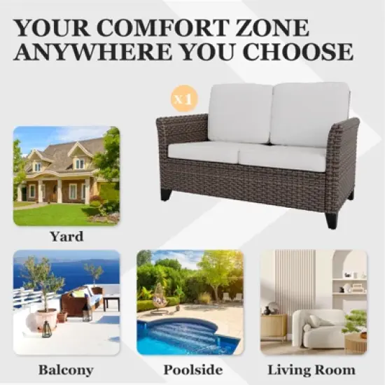 EAGLE PEAK Ocean Vista Outdoor Wicker Patio Sofa, Variated All-weather PE Wicker Loveseat with Cushions image {6}