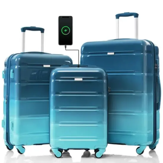 NAYSAYE Luggage 3 Piece Set Carry-on Suitcase with USB Port Spinner Wheels Durable Hard Shell for Travel, Blue, 19.2"*11.6"*28.4" image {5}