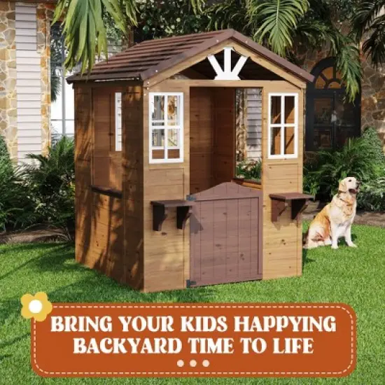 Wooden Play House for Kids, Wooden Play House Outdoor Cottage, Cedar Woodens Kids Playhouse Cottage, Toddler Outdoor Playhouse Vinyl Roof With Kitchen image {5}