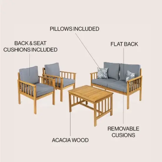 Everly 4-Piece Modern Cottage Acacia Wood Outdoor Patio Set with Cushions and Tropical Decorative Pillows - JONATHAN Y image {3}