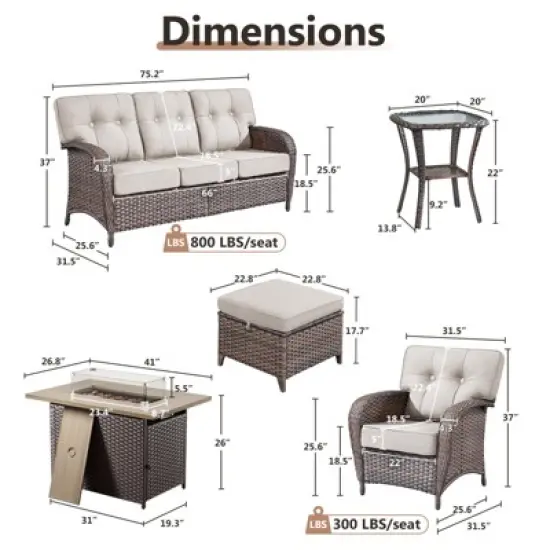 Belord Outdoor All Weather Wicker Patio Furniture Set, 7 Pieces Brown Wicker Patio Furniture Sofa Set with Propane Firepit Table image {15}