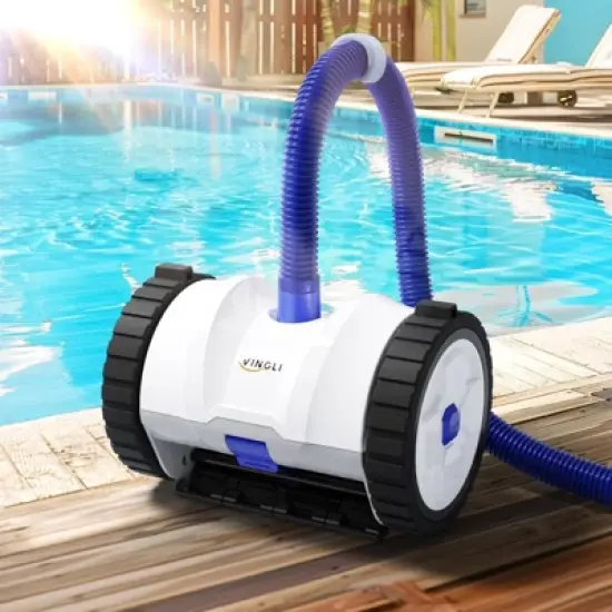 VINGLI Automatic Suction-Side Pool Vacuum Cleaner, Powerful Wall-Climbing Sweeper for Inground Pools, Includes 39.6ft Tangle-Free Hose (Blue&White) image {1}