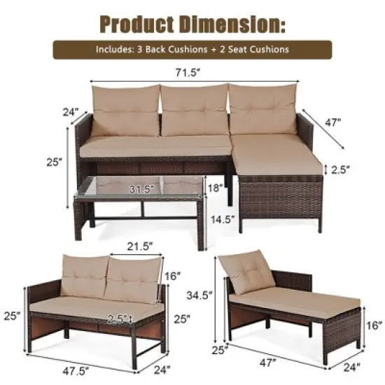 Costway 3PCS Patio Wicker Rattan Sofa Set Outdoor Sectional Conversation Set Garden Lawn Brown image {4}
