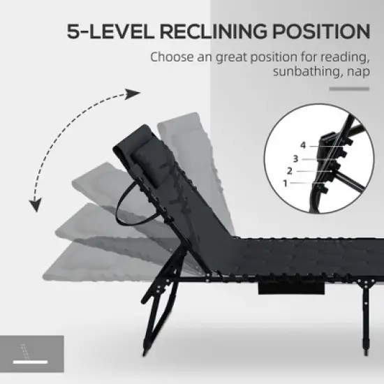 TIRAMISUBEST 5-Position Reclining Chaise Lounge Set - Outdoor Folding Chair with Padded Seat, Headrest & Side Pocket (Black) image {6}