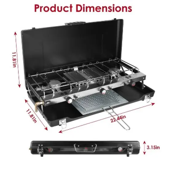 KTMBDW 3-Burner Propane Camping Stove 20000 BTUs, Portable Camp Stove with 3 Adjustable Burners and Push-Button Instant Ignition, Black image {2}