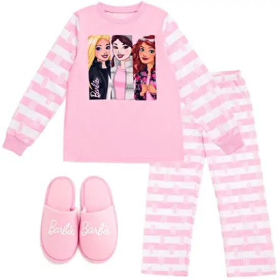 Barbie Girls Pajama Shirt Pants and Slippers 3 Piece Little Kid to Big Kid image {7}