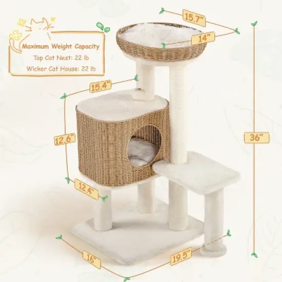 Yaheetech 36&Prime; Tall Rattan Cat Tree with Natural Sisal Scratching Post, Hanging Ball, Condo, Basket, Clear Bowl image {2}