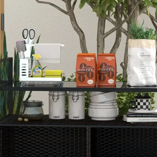 Outsunny 2-Tier Shelf PE Rattan Outdoor Bar Table, Glass Top Patio Serving Cart image {5}