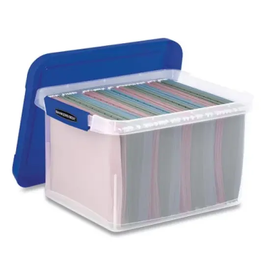 Bankers Box Heavy Duty Plastic File Storage, Letter/Legal Files, 14" x 17.38" x 10.5", Clear/Blue image {4}