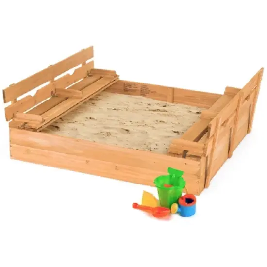 Costway Kids Large Wooden Sandbox w/Cover 2 Convertible Bench Seats for Outdoor Play image {9}
