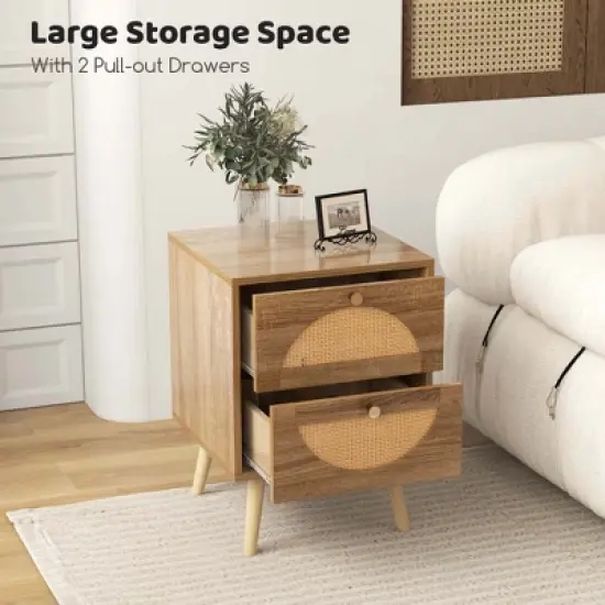 Costway 2Pcs Rattan Nightstand with 2 Drawers Solid Wood Legs Compact Wood Coffee Table image {7}