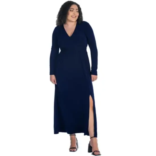 Womens Plus Size Long Sleeve V Neck Side Slit Maxi Dress image {6}