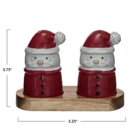 Storied Home Stoneware Santa Shaped Salt and Pepper Shakers on an Acacia Wood Tray, Red, White and Natural image {1}
