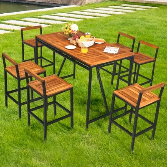 Costway 7PCS Patio Rattan Bar Set Acacia Wood Frame Stools Table Umbrella Hole image {1}