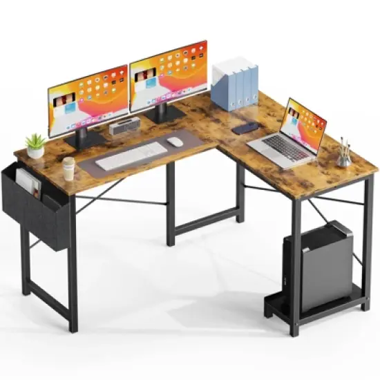 IULULU L Shaped Computer Desk Wood Corner PC Gaming Table with Side Storage Bag image {3}