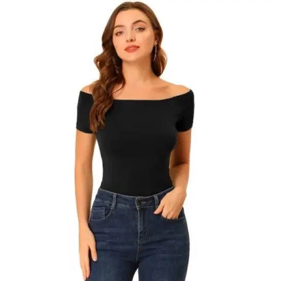 Allegra K Women's Short Sleeves Off The Shoulder Solid Crop Top image {7}