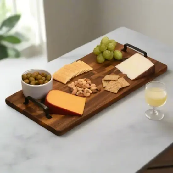 Kalmar Home Acacia Wood Tray w/ Metal Handles - Rect image {1}