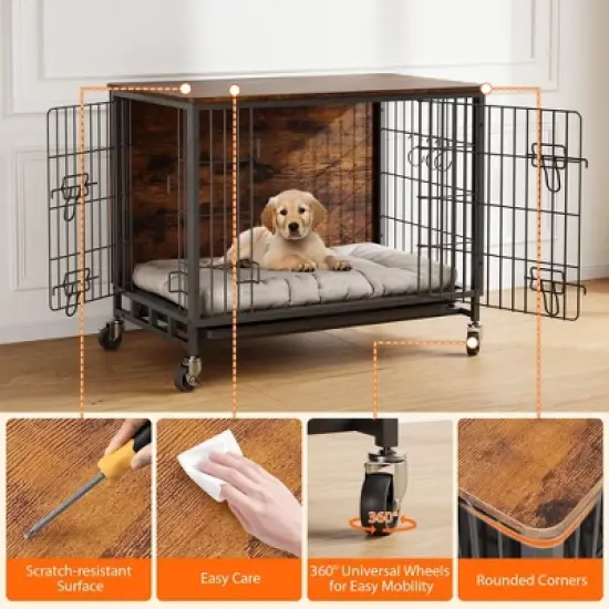 2 in1 Furniture Style Dog Crate, MDF Metal Dog Crate, Indoor Pet Kennel Cage with Shelves & Moveable Tray & Wheels, Puppy House for Home, Farmhouse image {4}
