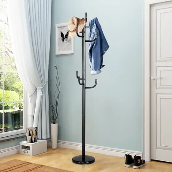 Costway Metal Coat Rack Hat Stand Tree Hanger Hall Umbrella Holder Hooks Black image {3}