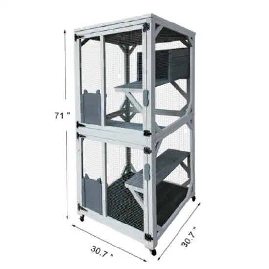 LOVMOR Wooden Catio Outdoo Cat Enclosure on Wheels, Kitty Condo Cage Shelter Playpen w/ Sliding Doors, Platforms & Weatherproof Asphalt Roof image {1}