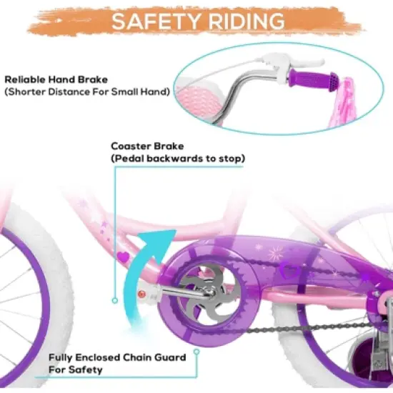 Hykolity 14-Inch Kids Bike for Girls Ages 3-5, Multi-Color, with Training Wheels, Doll Seat, Basket, Adjustable Saddle, Dual Brakes image {3}