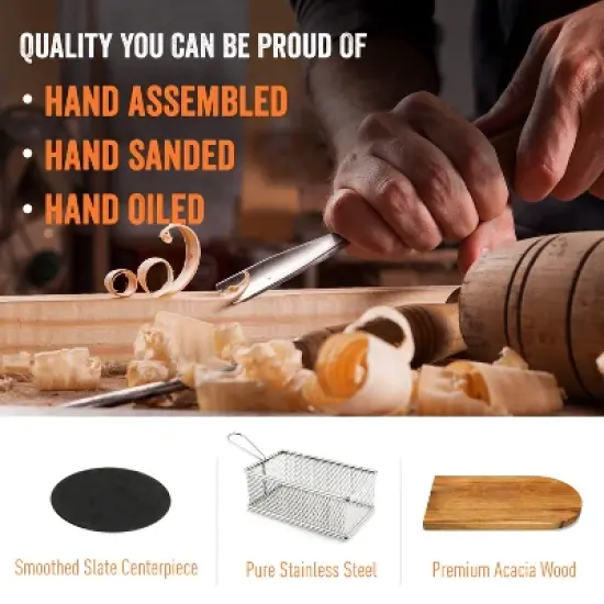 Yukon Glory Burger Board Set, Includes Premium Acacia Wood Board With Slate, Stainless Steel Fry Basket, Porcelain Condiment Cups image {4}