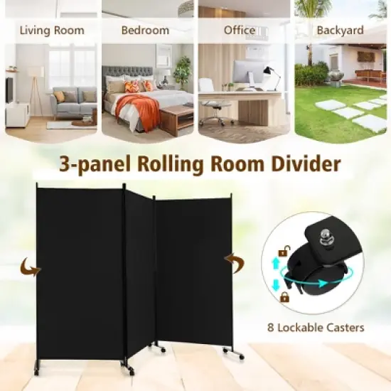 Costway 3-Panel Folding Room Divider 6Ft Rolling Privacy Screen withLockable Wheels Black/Brown/Grey/White image {7}