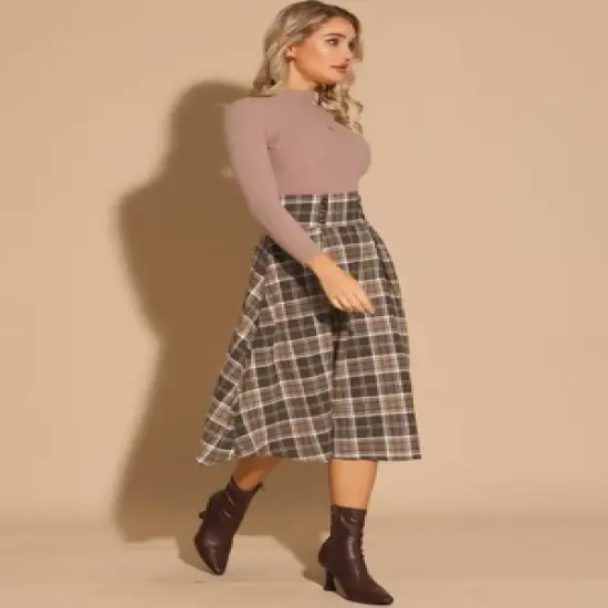 Allegra K Women's Plaid High Elastic Waist Vintage Fall A-Line Midi Skirt image {3}
