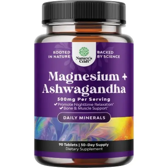 Magnesium + Ashwagandha Tablets, Calming Magnesium Supplement for Mood Sleep and Relaxation, Nature's Craft, 90ct image {6}