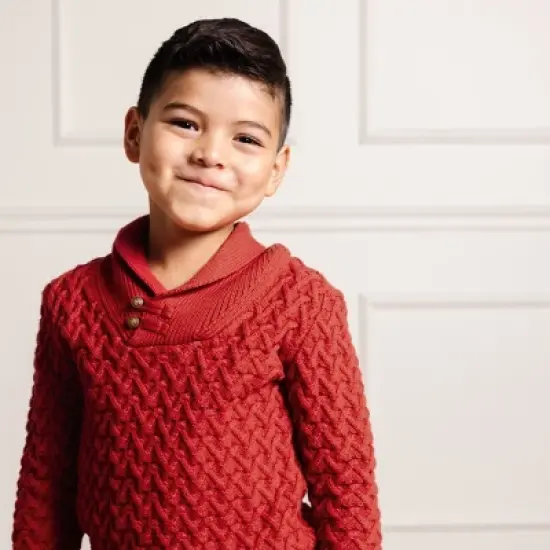 Hope & Henry Boys' Long Sleeve Shawl Collar Herringbone Cable Sweater with Elbow Patches, Kids image {3}