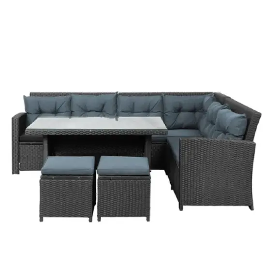 6pc Wicker Patio Conversation Set with Glass Table Ottomans & Cushions - Black/Dark Gray - GODEER image {5}