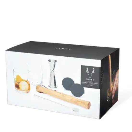 Viski Muddled Cocktail Barware Tool Set, 2 lead-free Crystal Tumblers, 2 Ice Molds, Double Jigger, Wooden Muddler, Stir Stick 7-Piece set, Multicolor image {4}