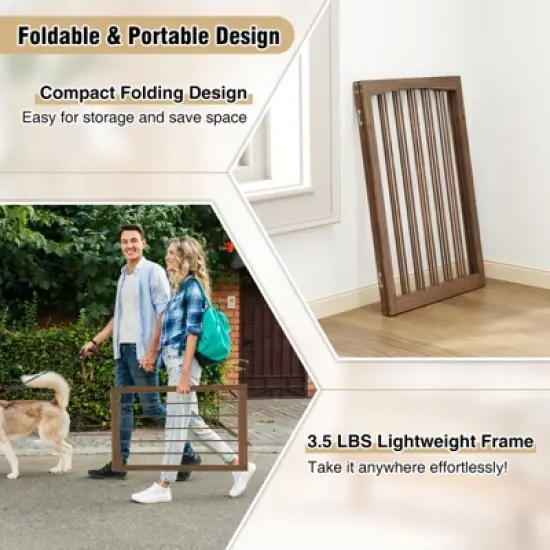 Costway 30&rdquo; Tall Pet Gate Wooden Dog Fence w/180&deg; Rotation 3-Panel Room Divider Barrier for Doorway Hallway Stairs Brown image {4}